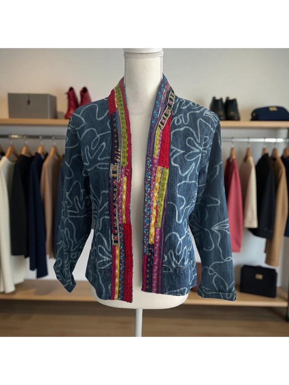 CHICOS Denim Patterned Multicolor Trim Jacket Blazer Size Chicos 1 US M 8